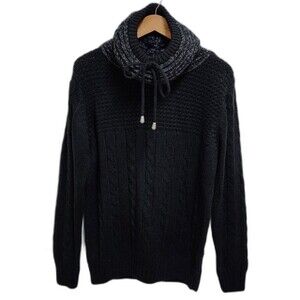 Amongst Others Sweater Womens L Black Gray Chunky Knit Cowl Drawstring Pullover